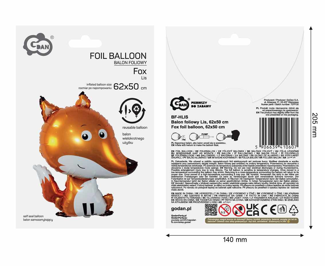 Fox foil balloon, 62x50 cm